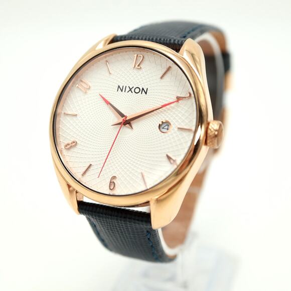 Nixon The Bullet Leather Rose Gold Tone 38mm Date Watch Blue Leather New Battery - Picture 1 of 14